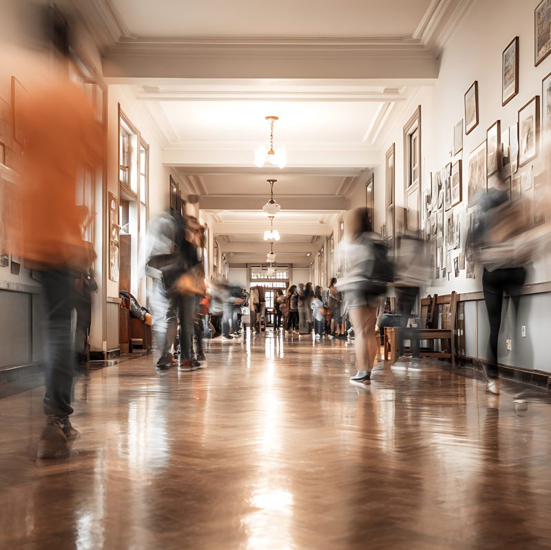 A long, well-lit school or university hallway filled with motion-blurred students and people moving quickly, showcasing a bustling academic environment.